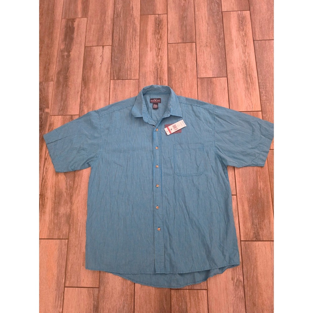 Moose Creek Mens 2XL Aqua Blue Striped Short Sleeve Cotton Button Down Shirt NEW